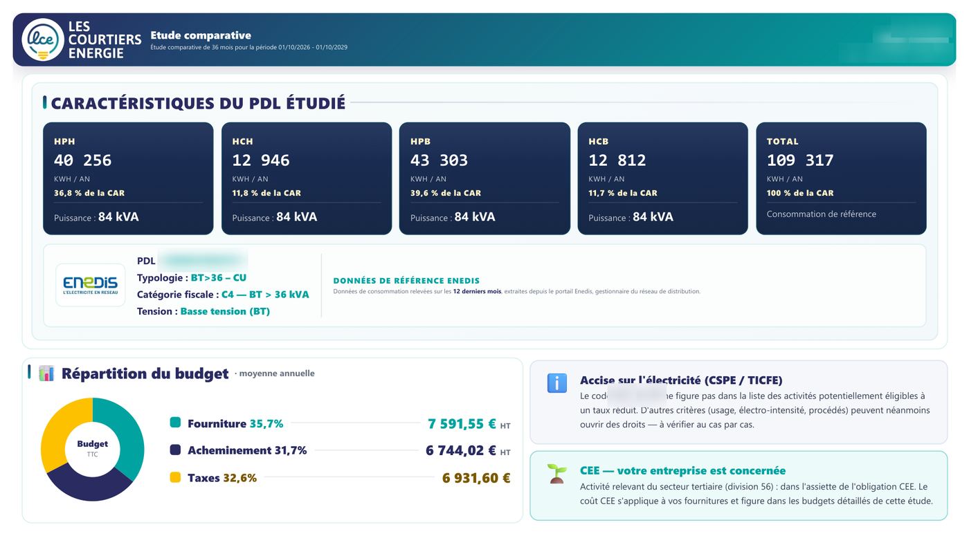Page d'analyse du point de livraison : consommations relevées, répartition du budget entre fourniture, acheminement et taxes